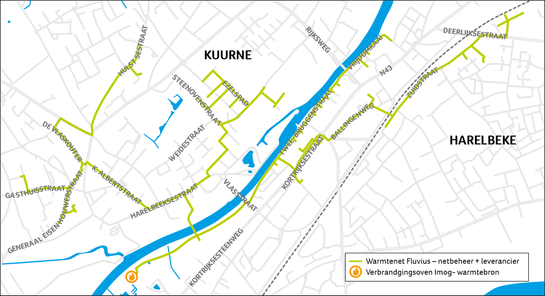 Liggingsplan van het warmtenet Kuurne-Harelbeke