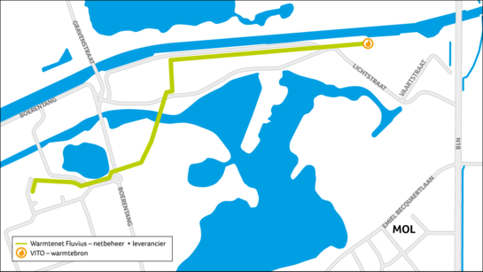 Een plattegrond van het warmtenet in Mol-Balmatt