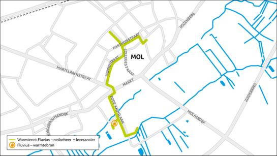 Een plattegrond van het warmtenet in Mol-Centrum
