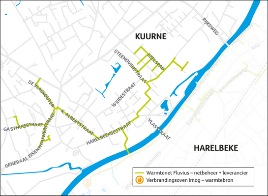 Liggingsplan van het warmtenet in Kuurne