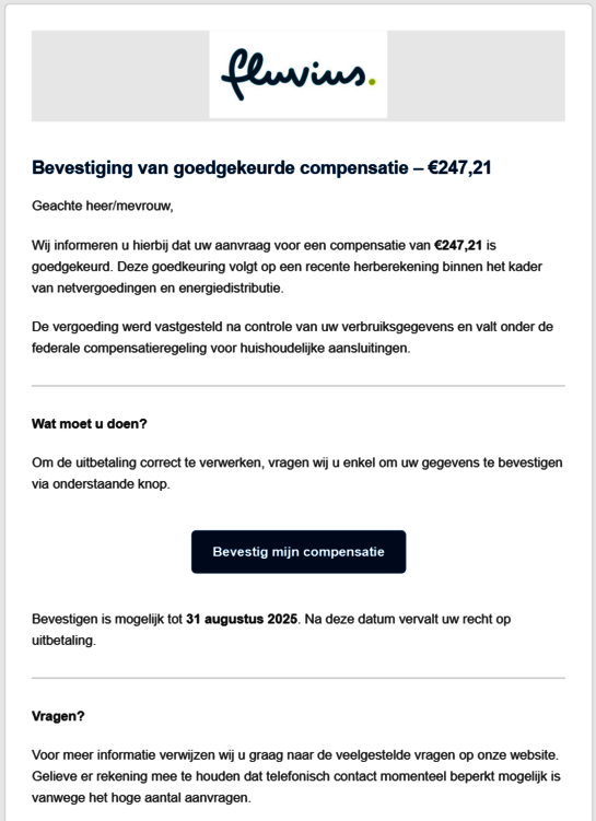 Phishing e-mail: Bevestiging van goedgekeurde compensatie Phishing e-mail: Bevestiging van goedgekeurde compensatie