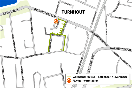 Een plattegrond van het warmtenet in Turnhout-Niefhout
