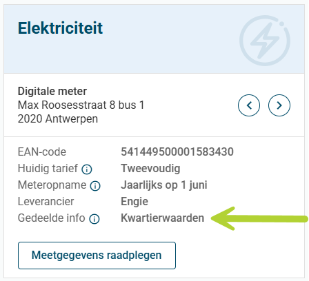 Schermafdruk van Mijn Fluvius waar je info over de kwartierwaarden kan vinden