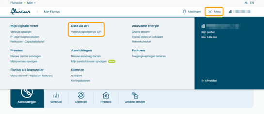 Mijn Fluvius optie data via API Printscreen van Mijn Fluvius van de optie 'Data via API'