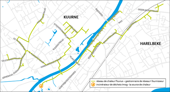 Plan d'implantation du réseau de chaleur à Kuurne Plan d'implantation du réseau de chaleur à Kuurne