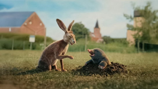 Afbeelding van een haas en mol in gesprek op een zonnige weide