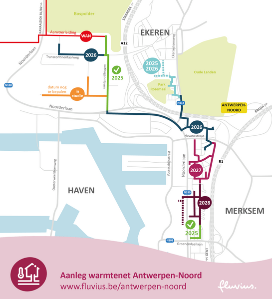 Plan van het warmtenet in Antwerpen Noord
