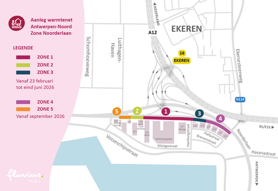 Map met fasering en zones aanleg warmtenet Antwerpen Noord - zone Rozemaai