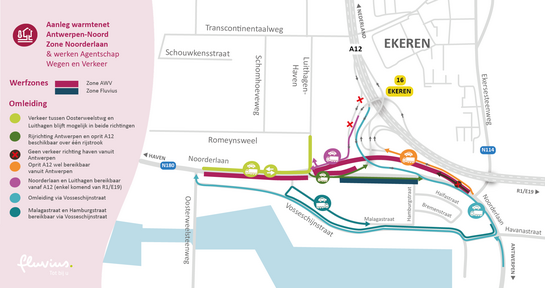 Map met de werfzones en verkeerssituaties n.a.v. aanleg warmtenet Antwerpen Noord - zone Rozemaai