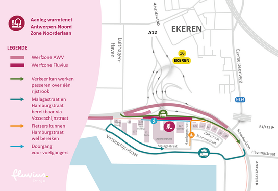 Map met omleidingen voor bedrijven n.a.v. aanleg warmtenet Antwerpen Noord - zone Rozemaai