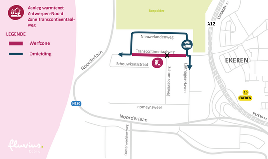 Map van aanleg Warmtenet Antwerpen Noord - zone Transcontinentaal met aanduiding van de werfzone en omleiding