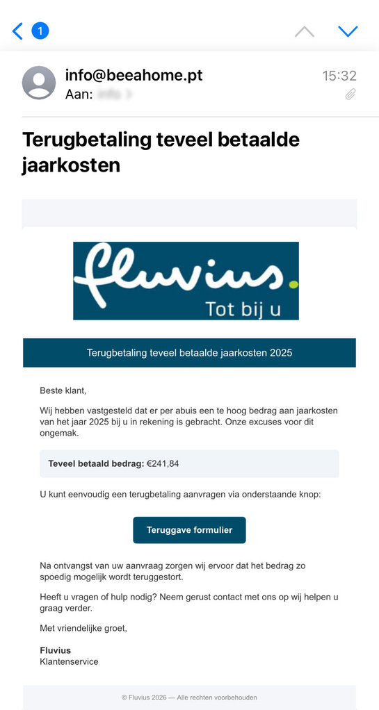 Waarschuwing voor phishingbericht over terugbetaling teveel betaalde jaarkosten Screenshot van een phishingmail die zich voordoet als Fluvius en misleidende informatie geeft over terugbetaling van teveel betaalde jaarkosten