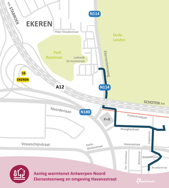 Situeringsplan aanleg warmtenet Antwerpen Noord - zone Rozemaai