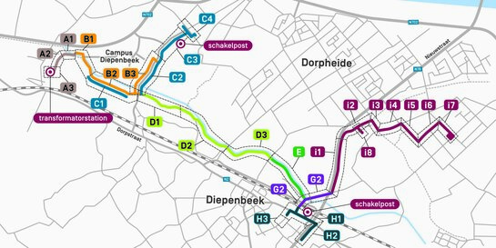 Kaart van de geplande werken aan het energienet in Diepenbeek. Overzichtskaart van Diepenbeek met de zones en trajecten waar Fluvius werkt aan het elektriciteitsnet, met aanduiding van schakelposten en transformatorstations.