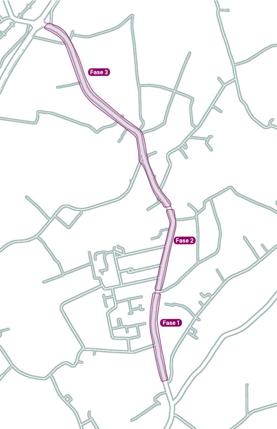 Kaart van de geplande werken aan het energienet in Sint-Truiden en Zepperen Overzichtskaart van Sint-Truiden en Zepperen met de fases en traject waar Fluvius werkt aan het elektriciteitsnet.