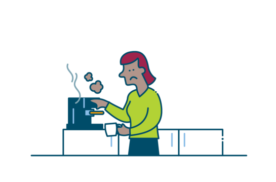 Un appareil ne fonctionne pas après une coupure de courant ? Effectuez d’abord quelques vérifications. Dessin d’une femme avec une machine à café défectueuse.