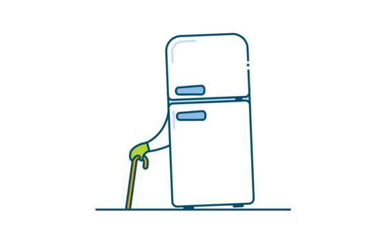 Vérifiez si votre appareil est toujours sous garantie. Dessin d’un réfrigérateur avec une canne.
