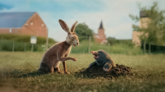 Voordeel digitale meter: Betaal wat je écht verbruikt Afbeelding van een haas en mol in gesprek op een zonnige weide