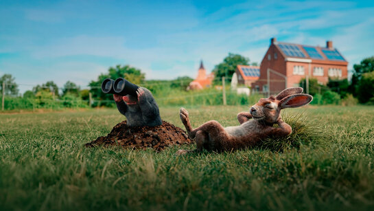 Illustratie van een mol met verrekijker en een haas in een weide met een huis met zonnepanelen op de achtergrond