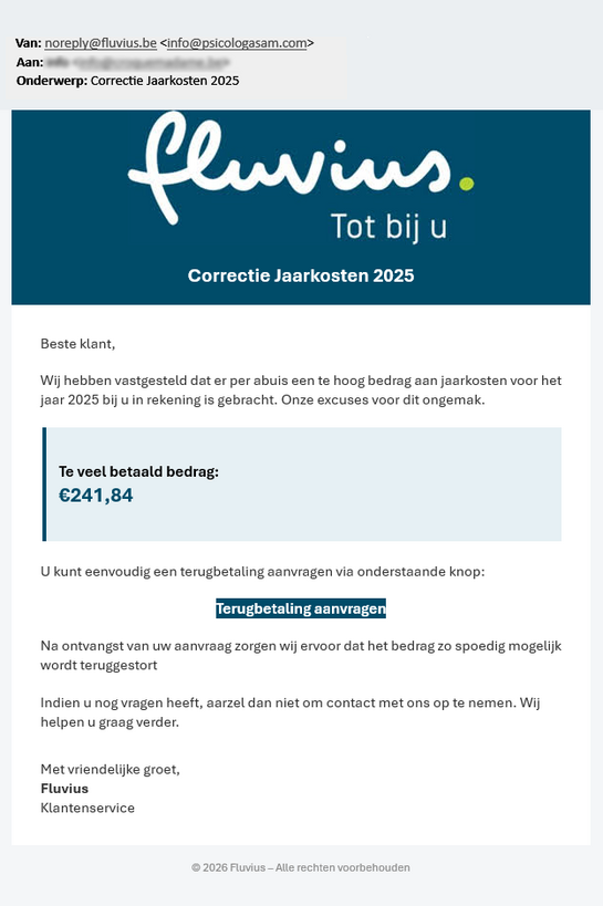 Screenshot van een phishingmail die zich voordoet als Fluvius en misleidende informatie geeft over terugbetaling van teveel betaalde jaarkosten