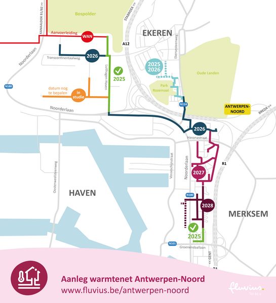 Plan van het warmtenet in Antwerpen-Noord