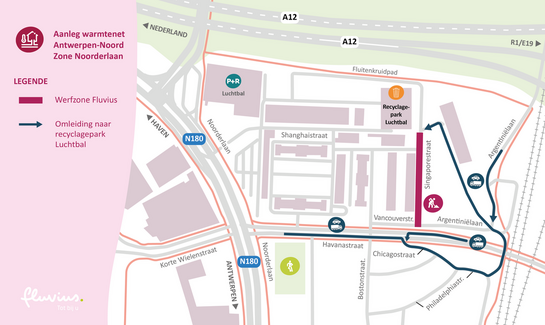 Kaart van de werfzone voor het warmtenet in Antwerpen-Noord (zone Luchtbal) met omleiding naar recyclagepark Luchtbal.
