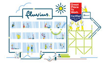 Op deze illustratie plaatsen we het Great Place To Work-label figuurlijk op het Fluvius-hoofdkantoor, naast ons logo.
