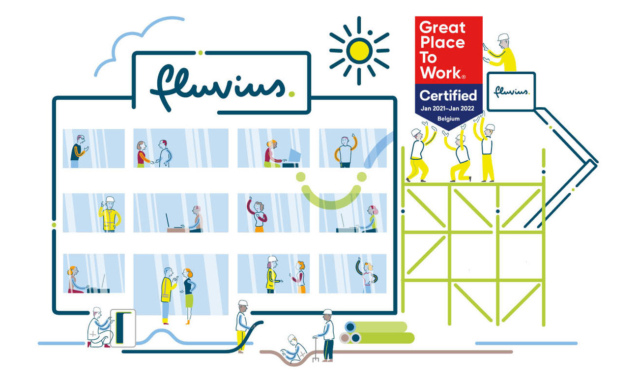Op deze illustratie plaatsen we het Great Place To Work-label figuurlijk op het Fluvius-hoofdkantoor, naast ons logo.